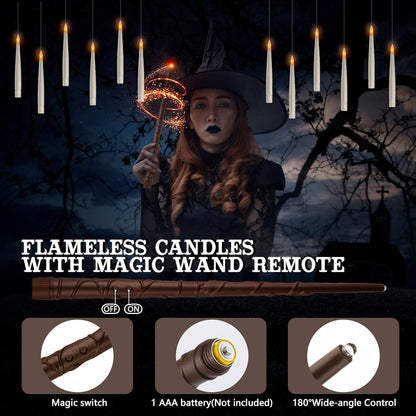 🕯️ 20PCS Floating LED Candles with Wand Remote – Flickering Flameless Lights for Halloween Indoor Decor & Gifts