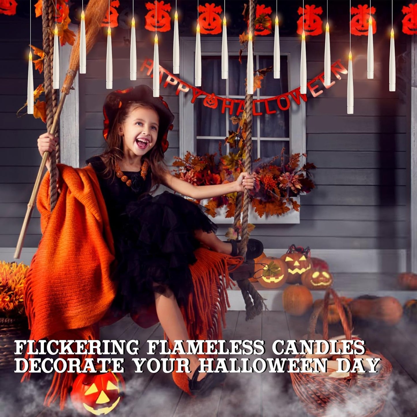 🕯️ 20PCS Floating LED Candles with Wand Remote – Flickering Flameless Lights for Halloween Indoor Decor & Gifts