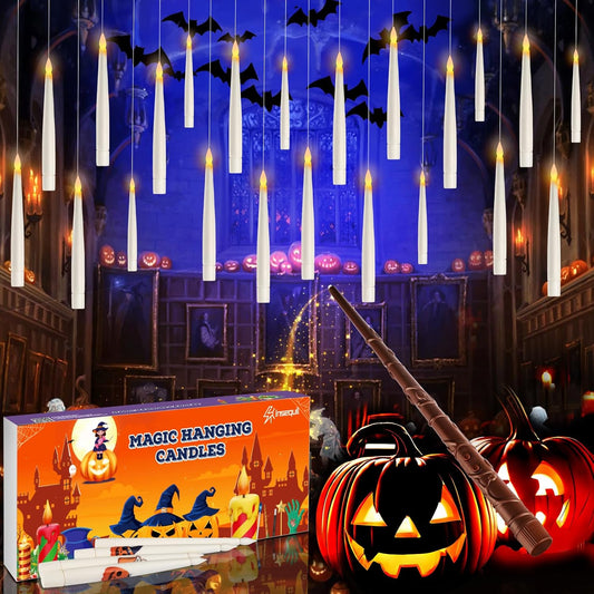 🕯️ 20PCS Floating LED Candles with Wand Remote – Flickering Flameless Lights for Halloween Indoor Decor & Gifts